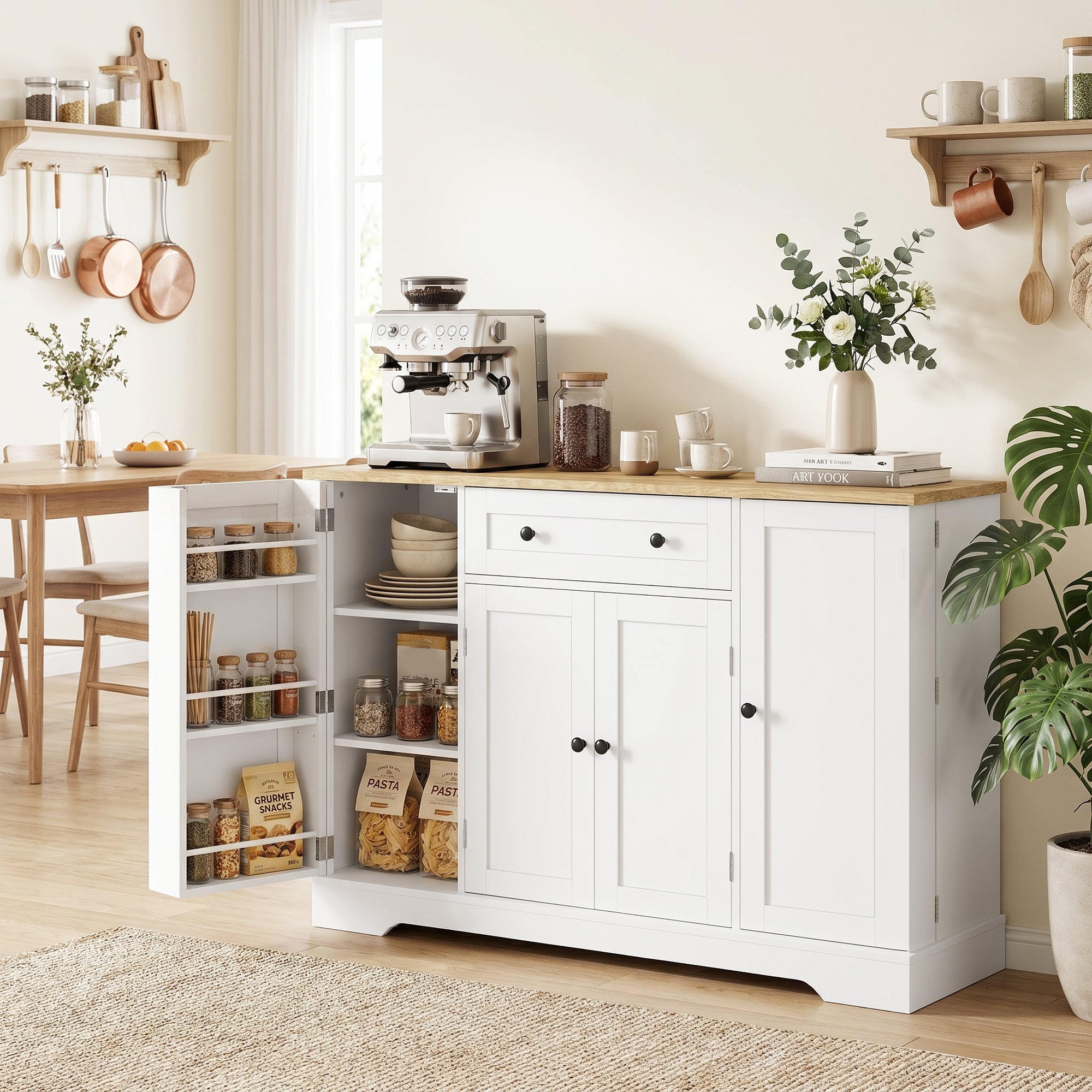Sideboard Kitchen Cabinet with 4 Doors & Drawer, Adjustable Shelves, Door Racks Buffet Cabinet for Kitchen, Dining Room, Living Room, 138 x 40 x 85 cm (54.3" x 15.7" x 33.5"), White