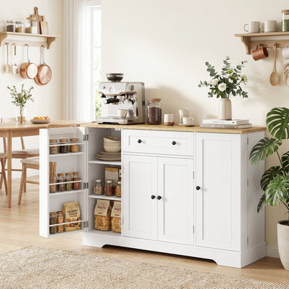 Sideboard Kitchen Cabinet with 4 Doors & Drawer, Adjustable Shelves, Door Racks Buffet Cabinet for Kitchen, Dining Room, Living Room, 138 x 40 x 85 cm (54.3" x 15.7" x 33.5"), White