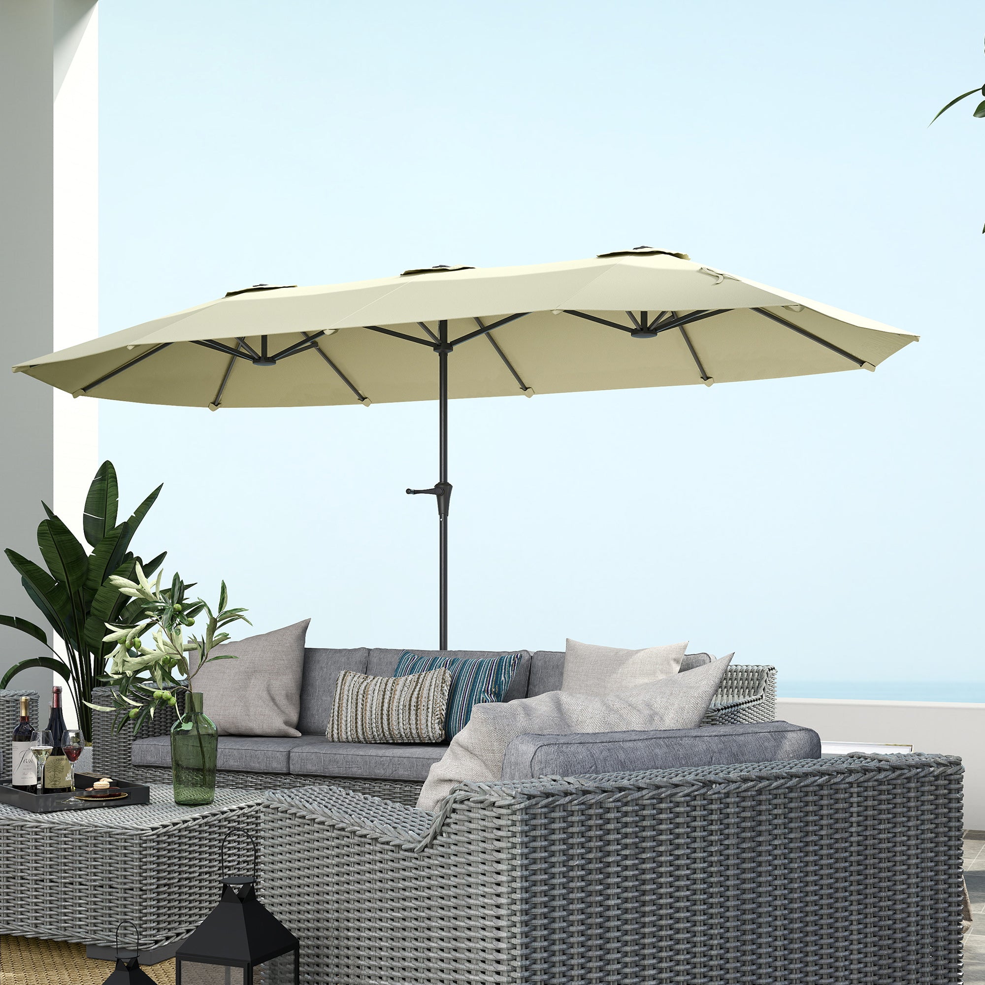 Double Umbrella 4x2.2 m Outdoor Terrace Umbrella with Manual Crank Waterproof and UV30+ Protection Large Sunshade for Terrace Beach Pool Cream