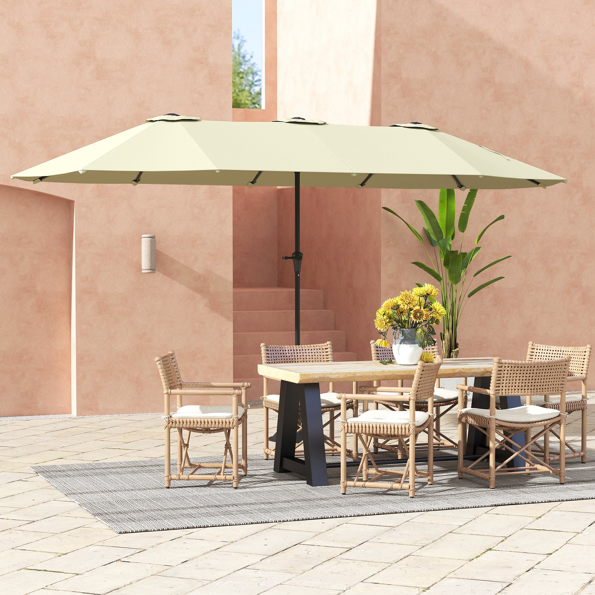 Double Umbrella 4x2.2 m Outdoor Terrace Umbrella with Manual Crank Waterproof and UV30+ Protection Large Sunshade for Terrace Beach Pool Cream
