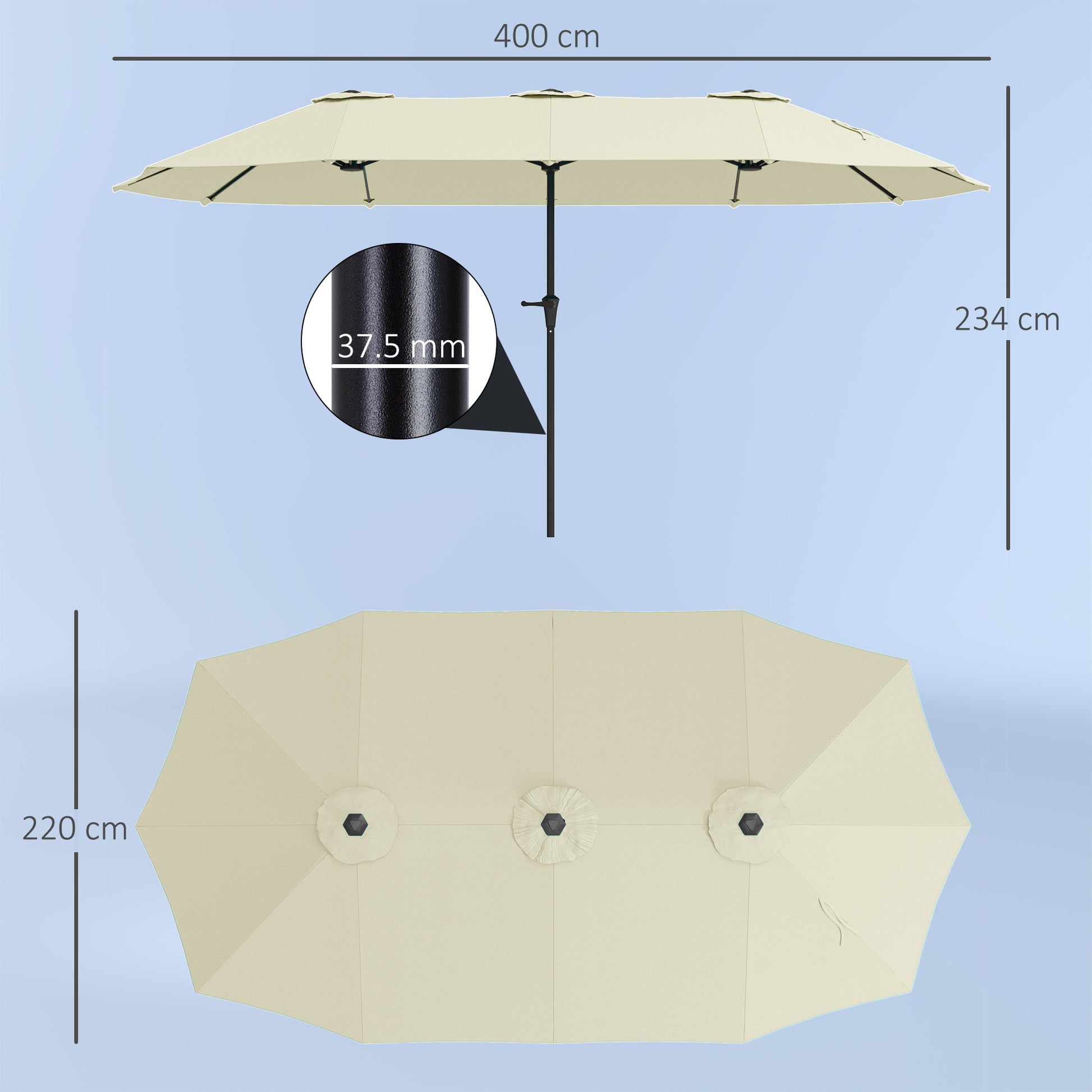 Double Umbrella 4x2.2 m Outdoor Terrace Umbrella with Manual Crank Waterproof and UV30+ Protection Large Sunshade for Terrace Beach Pool Cream