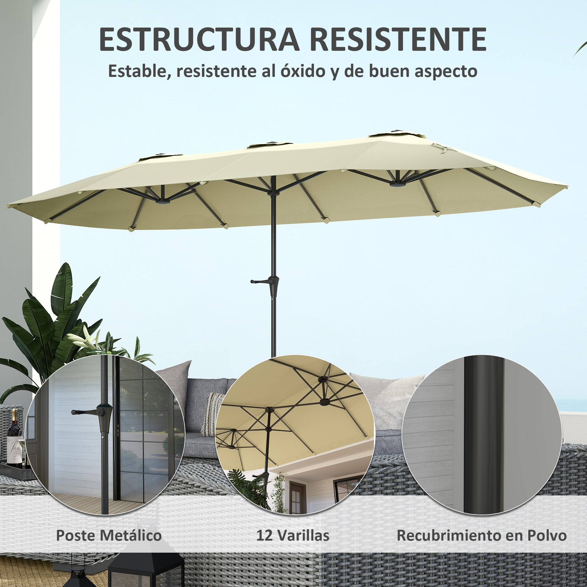 Double Umbrella 4x2.2 m Outdoor Terrace Umbrella with Manual Crank Waterproof and UV30+ Protection Large Sunshade for Terrace Beach Pool Cream