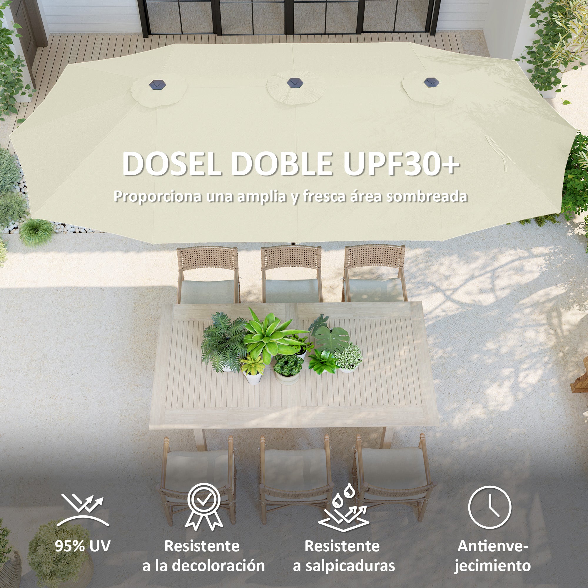 Double Umbrella 4x2.2 m Outdoor Terrace Umbrella with Manual Crank Waterproof and UV30+ Protection Large Sunshade for Terrace Beach Pool Cream