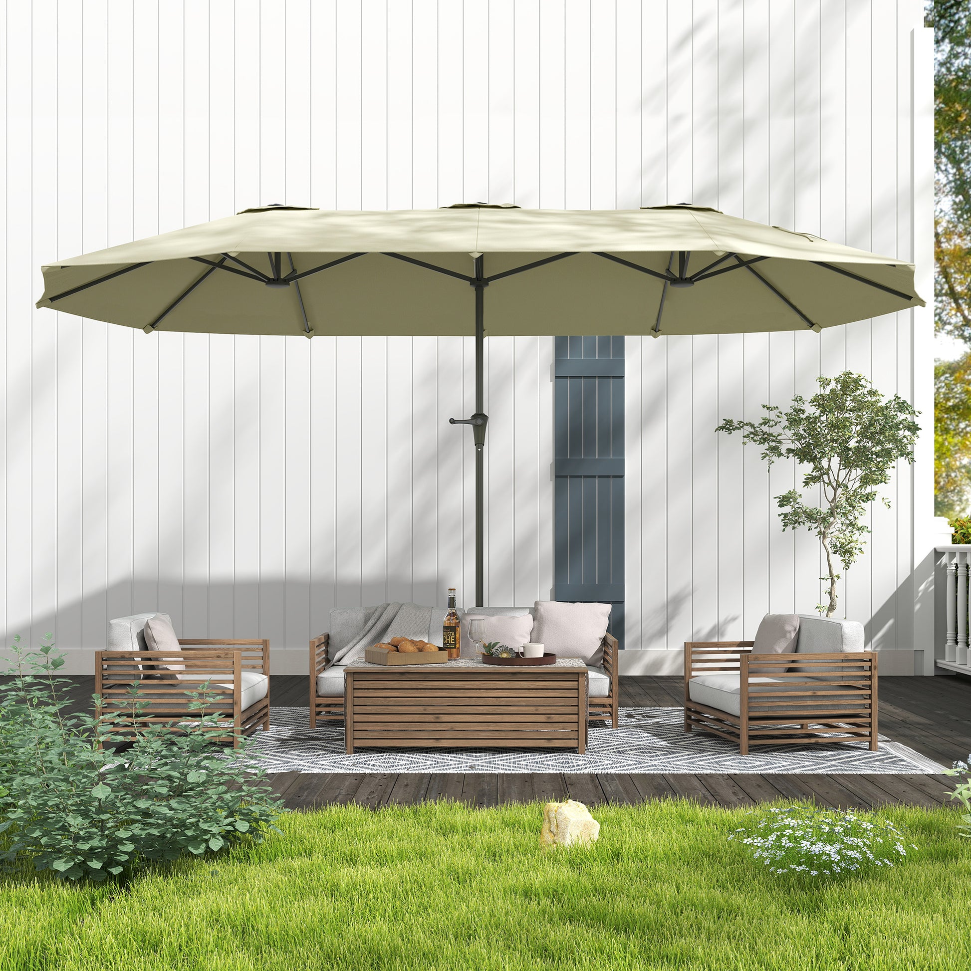 Double Umbrella 4x2.2 m Outdoor Terrace Umbrella with Manual Crank Waterproof and UV30+ Protection Large Sunshade for Terrace Beach Pool Cream