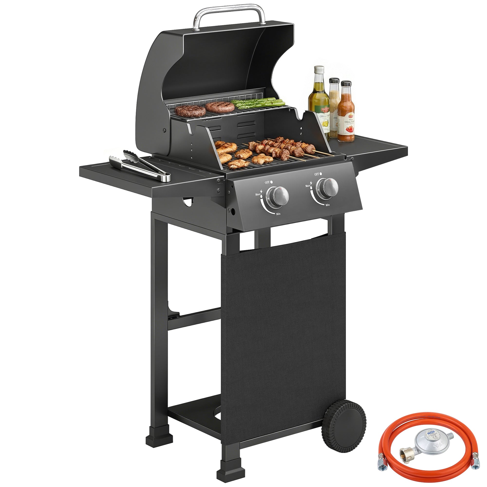 5.4 kW 2-Burner Propane Gas Grill Cart — Steel BBQ with Folding Side Shelves, Lid Thermometer, Chrome Cooking Grates, Warming Rack, Wheels & Storage Cabinet — Black