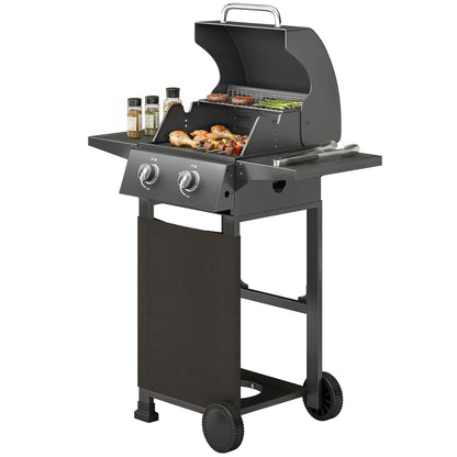 5.4 kW 2-Burner Propane Gas Grill Cart — Steel BBQ with Folding Side Shelves, Lid Thermometer, Chrome Cooking Grates, Warming Rack, Wheels & Storage Cabinet — Black