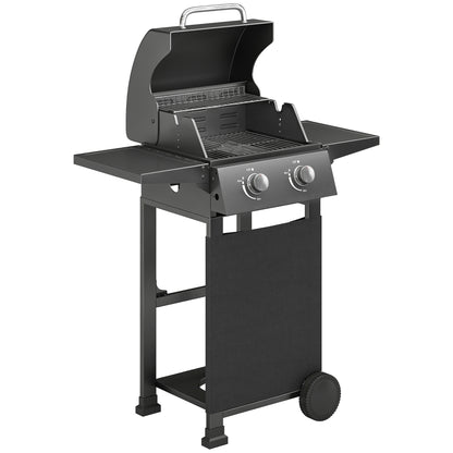 5.4 kW 2-Burner Propane Gas Grill Cart — Steel BBQ with Folding Side Shelves, Lid Thermometer, Chrome Cooking Grates, Warming Rack, Wheels & Storage Cabinet — Black
