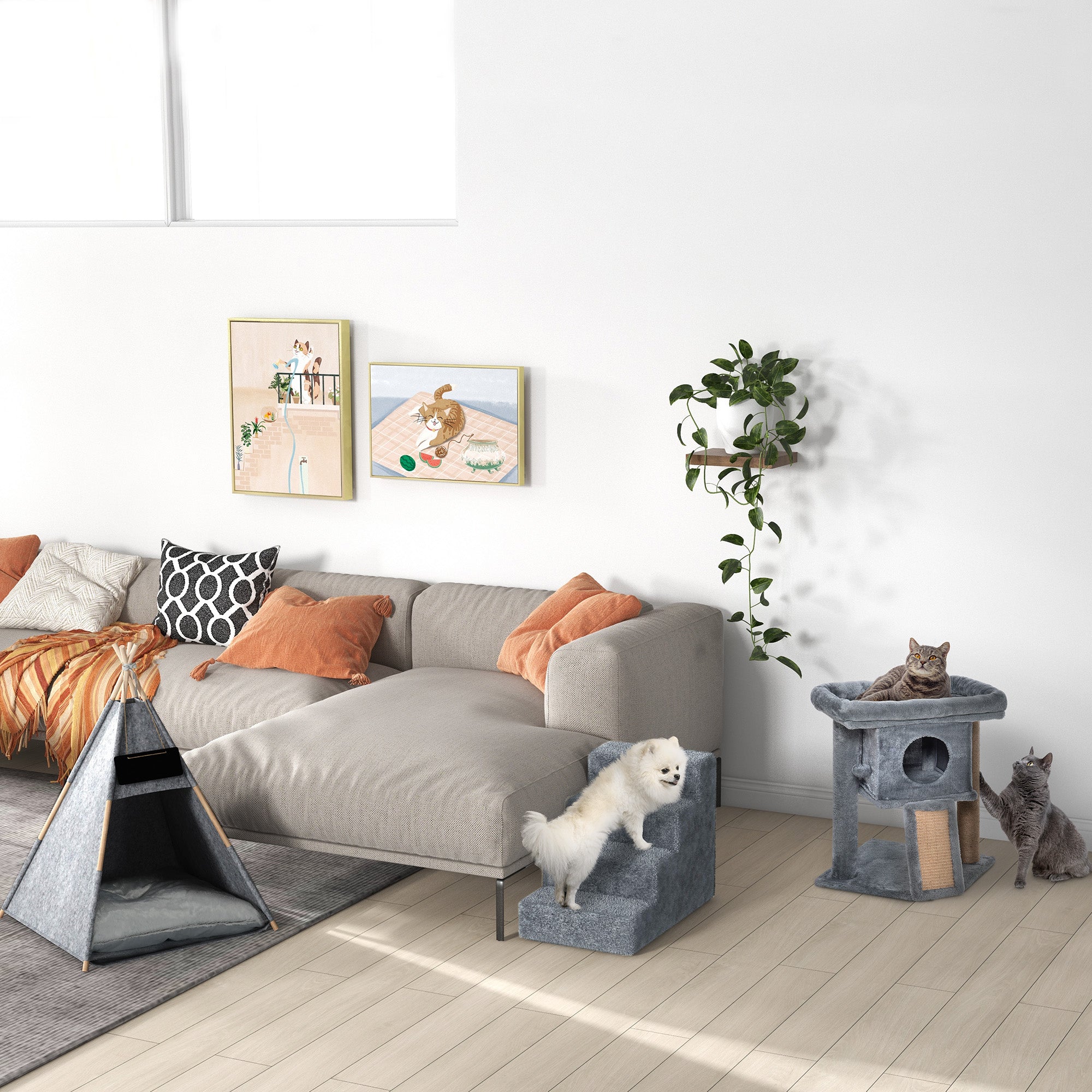 4-Step Dog Stairs, 35 cm Cat Stairs for Bed and Sofa, Pet Stairs for Dogs and Cats up to 5 kg, Plush Optic, Light Gray