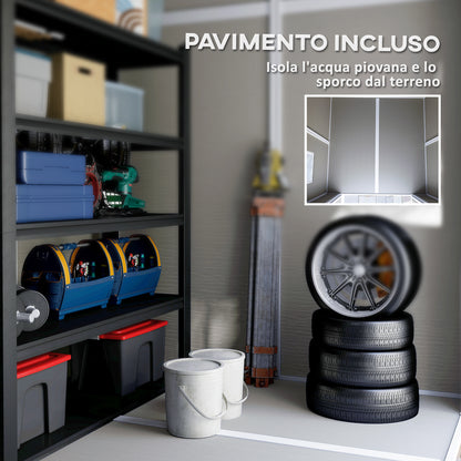 Garden Tool Shed in Weathered Wood Finish with Floor, 2.91m² Garden Shed with Double Doors and Lock, Sloping Roof, 181x181x220cm, Gray