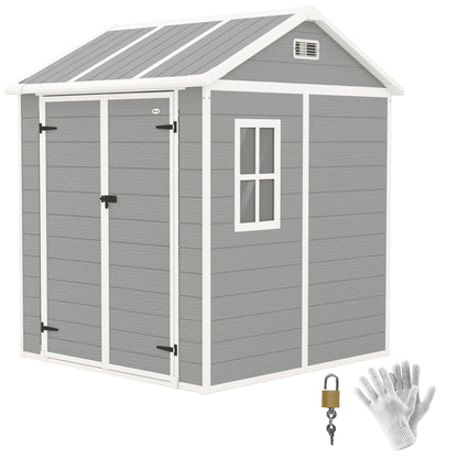 Garden Tool Shed in Weathered Wood Finish with Floor, 2.91m² Garden Shed with Double Doors and Lock, Sloping Roof, 181x181x220cm, Gray
