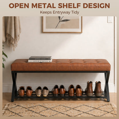Shoe Bench with Padded Seat, Storage Shoe Rack, Industrial X-Frame Steel Bench, PU Leather, Up to 485 lb, 44.1 x 14.6 x 18.5 in (112 x 37 x 47 cm), Brown