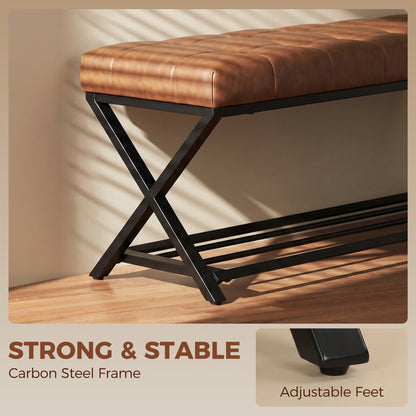 Shoe Bench with Padded Seat, Storage Shoe Rack, Industrial X-Frame Steel Bench, PU Leather, Up to 485 lb, 44.1 x 14.6 x 18.5 in (112 x 37 x 47 cm), Brown