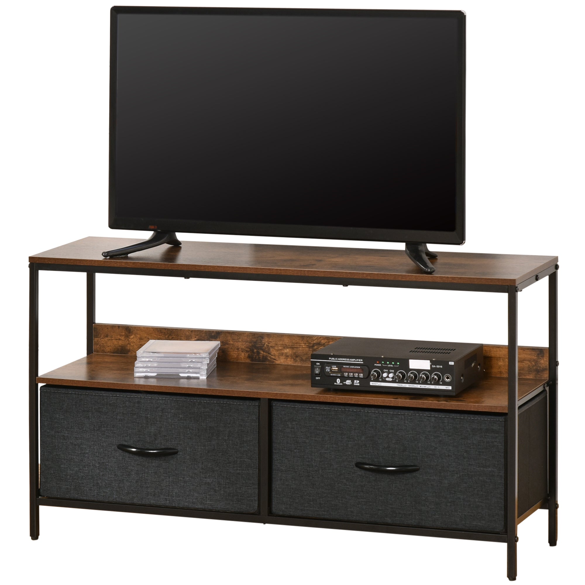 TV Stand for TVs up to 47" Industrial Style TV Table with Shelf and 2 Foldable Fabric Drawers for Living Room Bedroom 98x29x56 cm Rustic Brown and Black