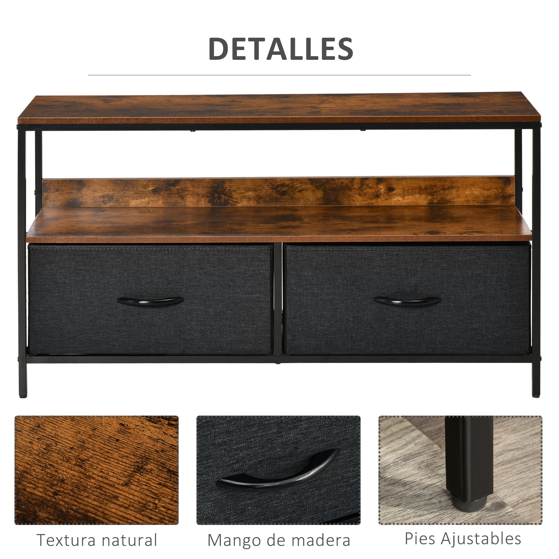 TV Stand for TVs up to 47" Industrial Style TV Table with Shelf and 2 Foldable Fabric Drawers for Living Room Bedroom 98x29x56 cm Rustic Brown and Black