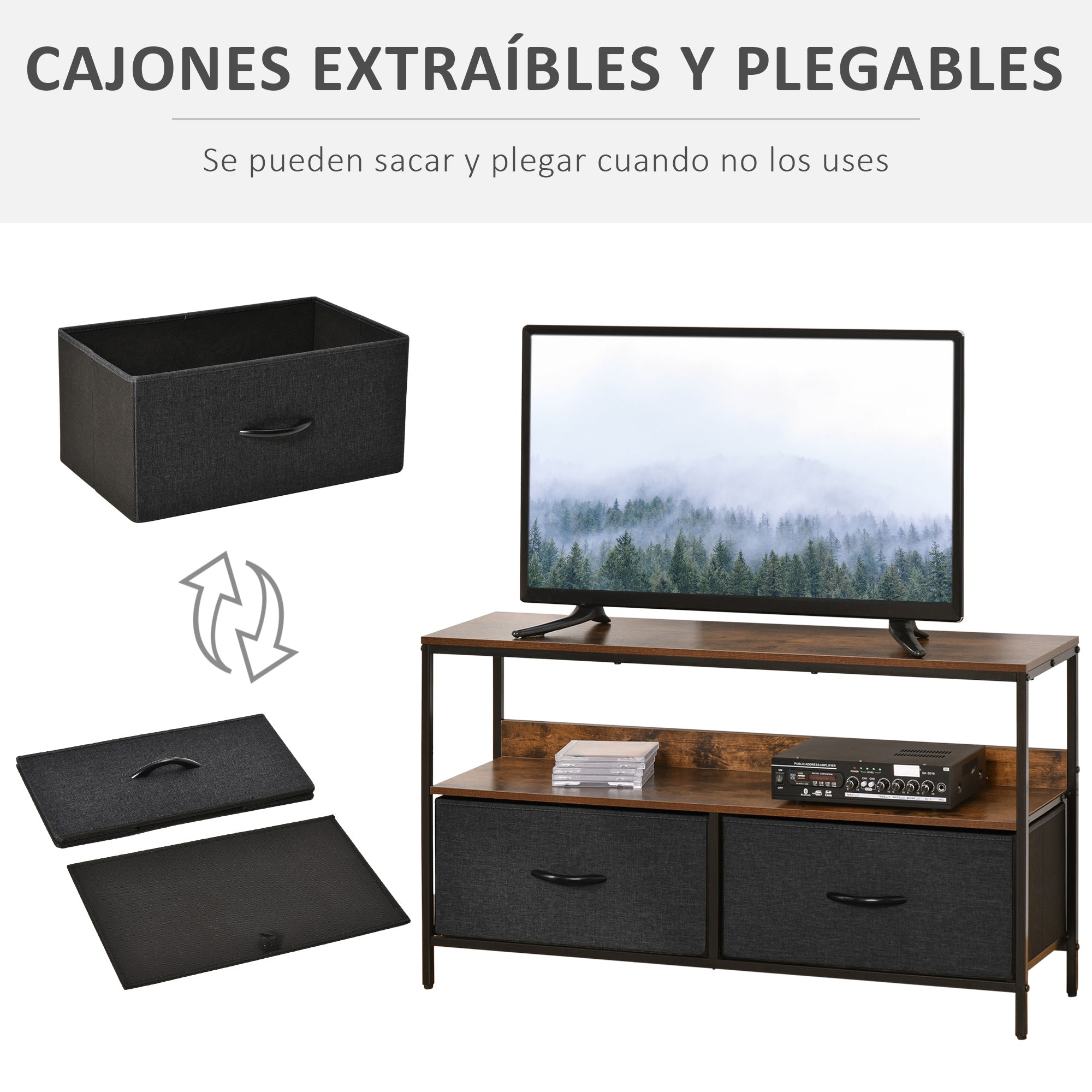 TV Stand for TVs up to 47" Industrial Style TV Table with Shelf and 2 Foldable Fabric Drawers for Living Room Bedroom 98x29x56 cm Rustic Brown and Black