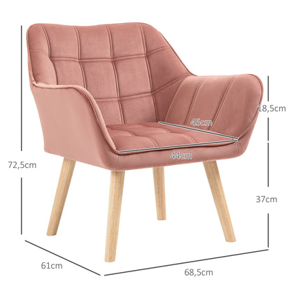 Chair Living Room Wing Chair Lounge Chair Recliner with Rubberwood Legs, Reading Chair with Velvet Look, Upholstered Chair for Bedroom, Scandinavian, Pink