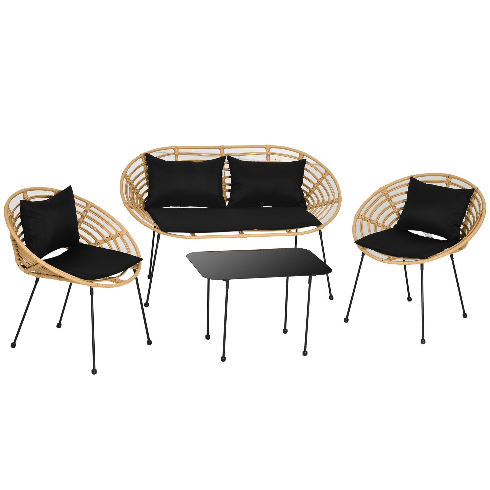 4-Piece Synthetic Rattan Outdoor Garden Set Includes 1 Double Sofa, 2 Armchairs, and Glass Table with Cushions Natural and Black