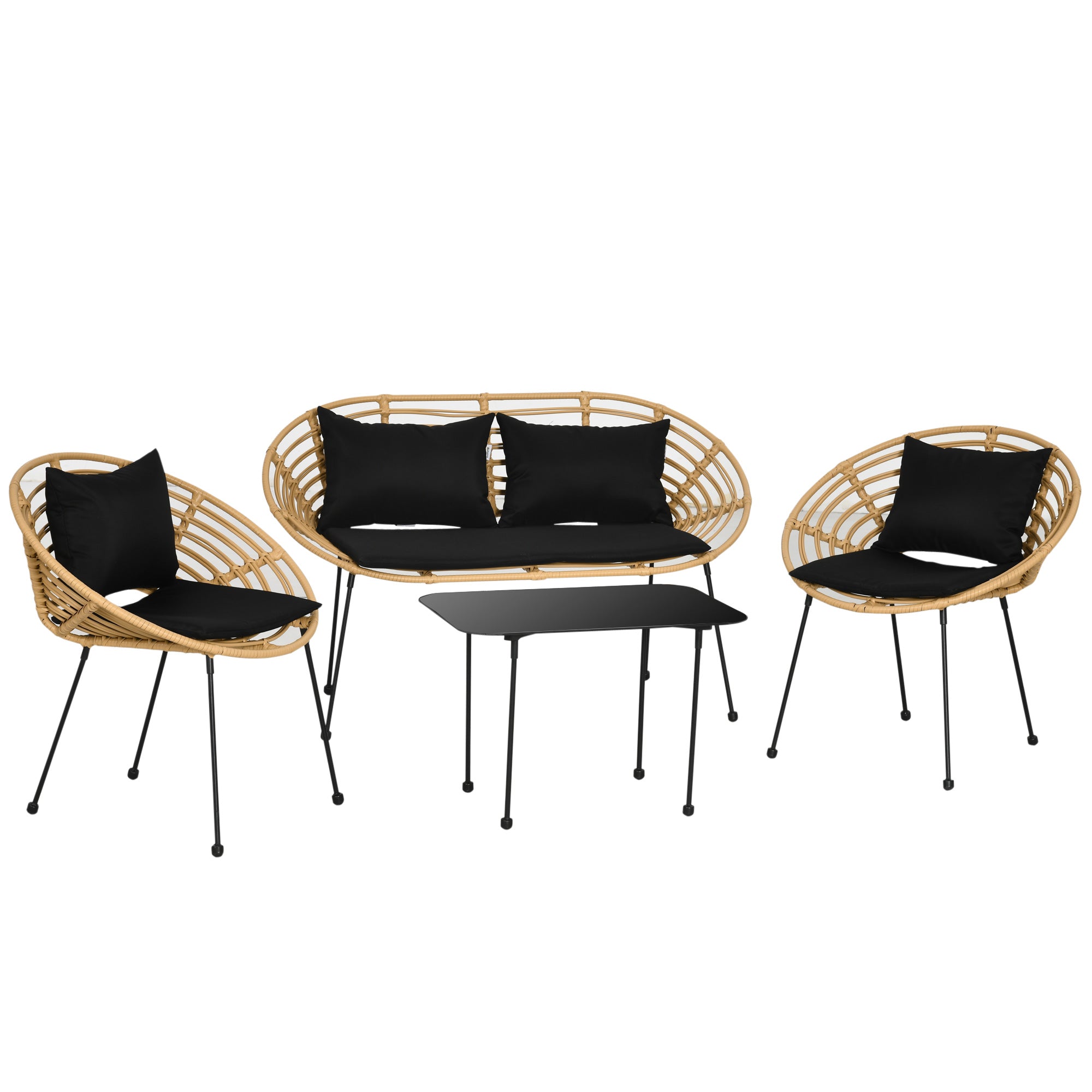 4-Piece Synthetic Rattan Outdoor Garden Set Includes 1 Double Sofa, 2 Armchairs, and Glass Table with Cushions Natural and Black
