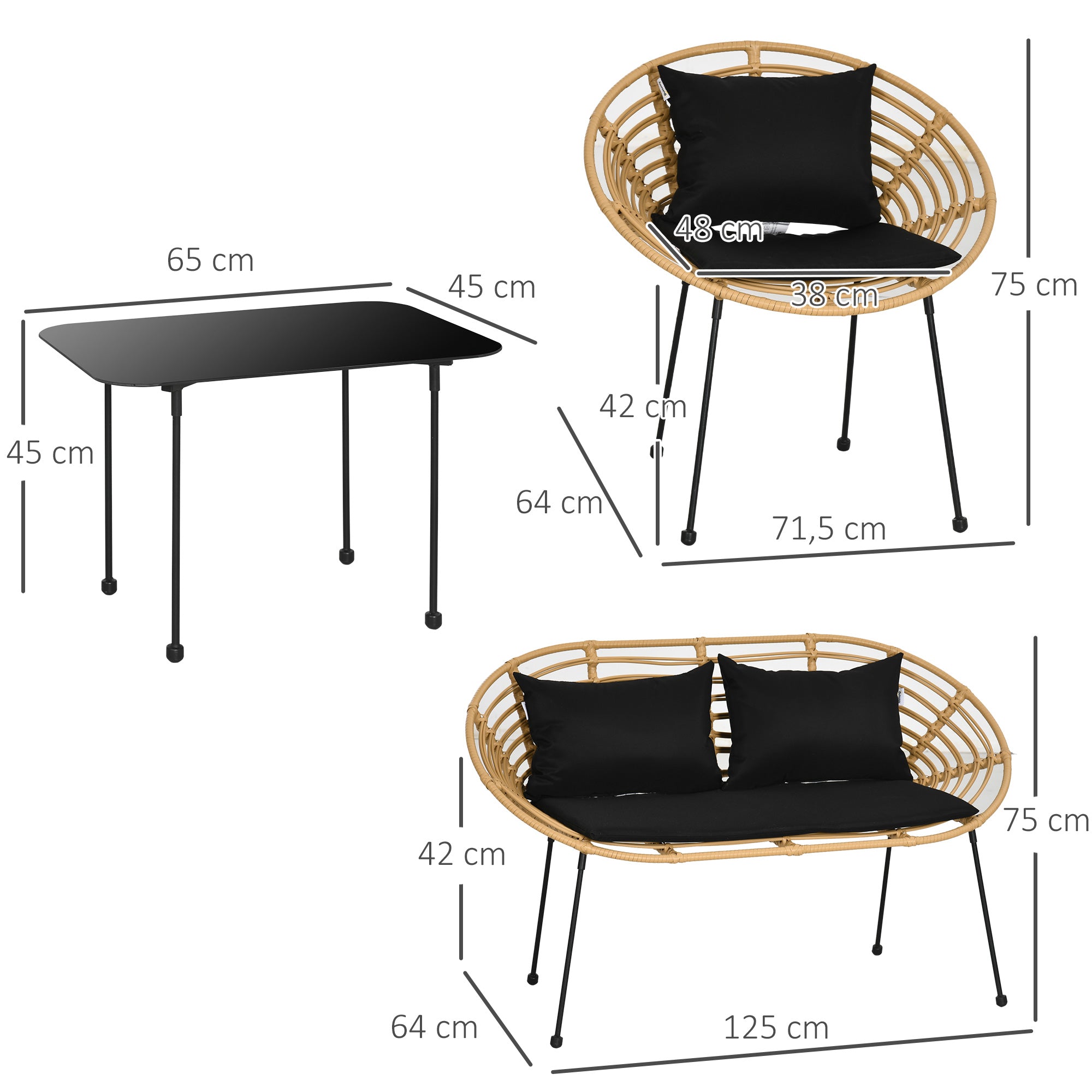 4-Piece Synthetic Rattan Outdoor Garden Set Includes 1 Double Sofa, 2 Armchairs, and Glass Table with Cushions Natural and Black