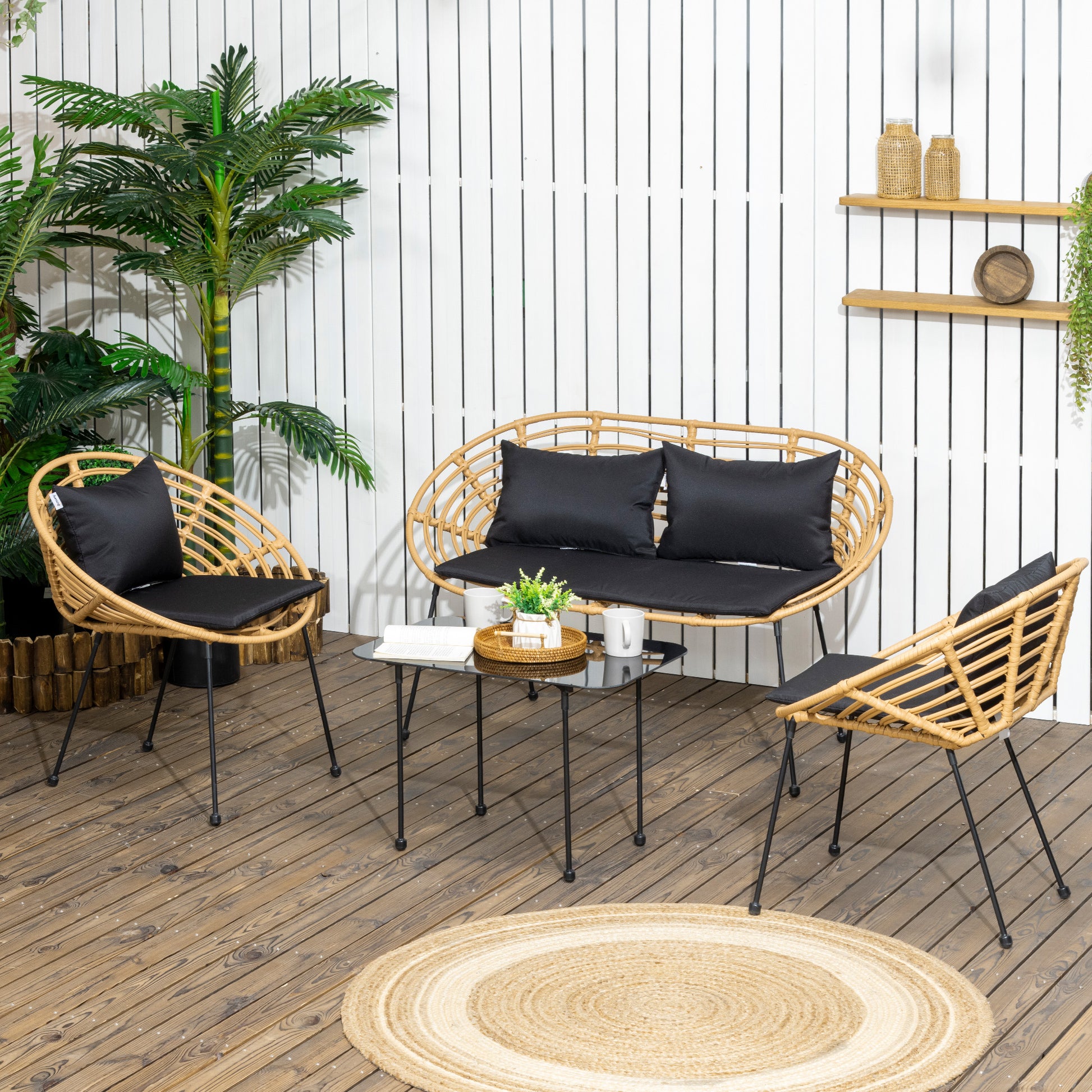 4-Piece Synthetic Rattan Outdoor Garden Set Includes 1 Double Sofa, 2 Armchairs, and Glass Table with Cushions Natural and Black