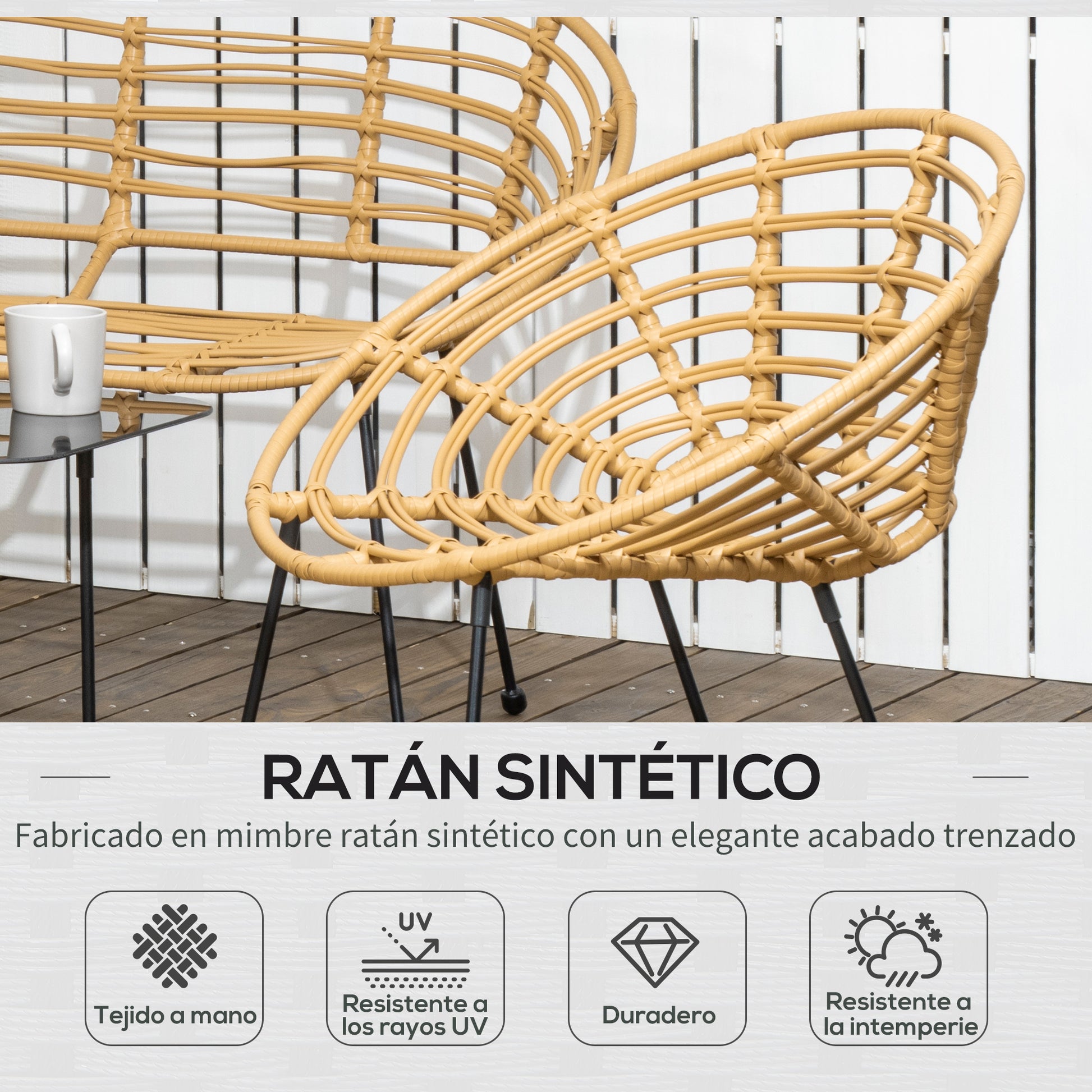 4-Piece Synthetic Rattan Outdoor Garden Set Includes 1 Double Sofa, 2 Armchairs, and Glass Table with Cushions Natural and Black