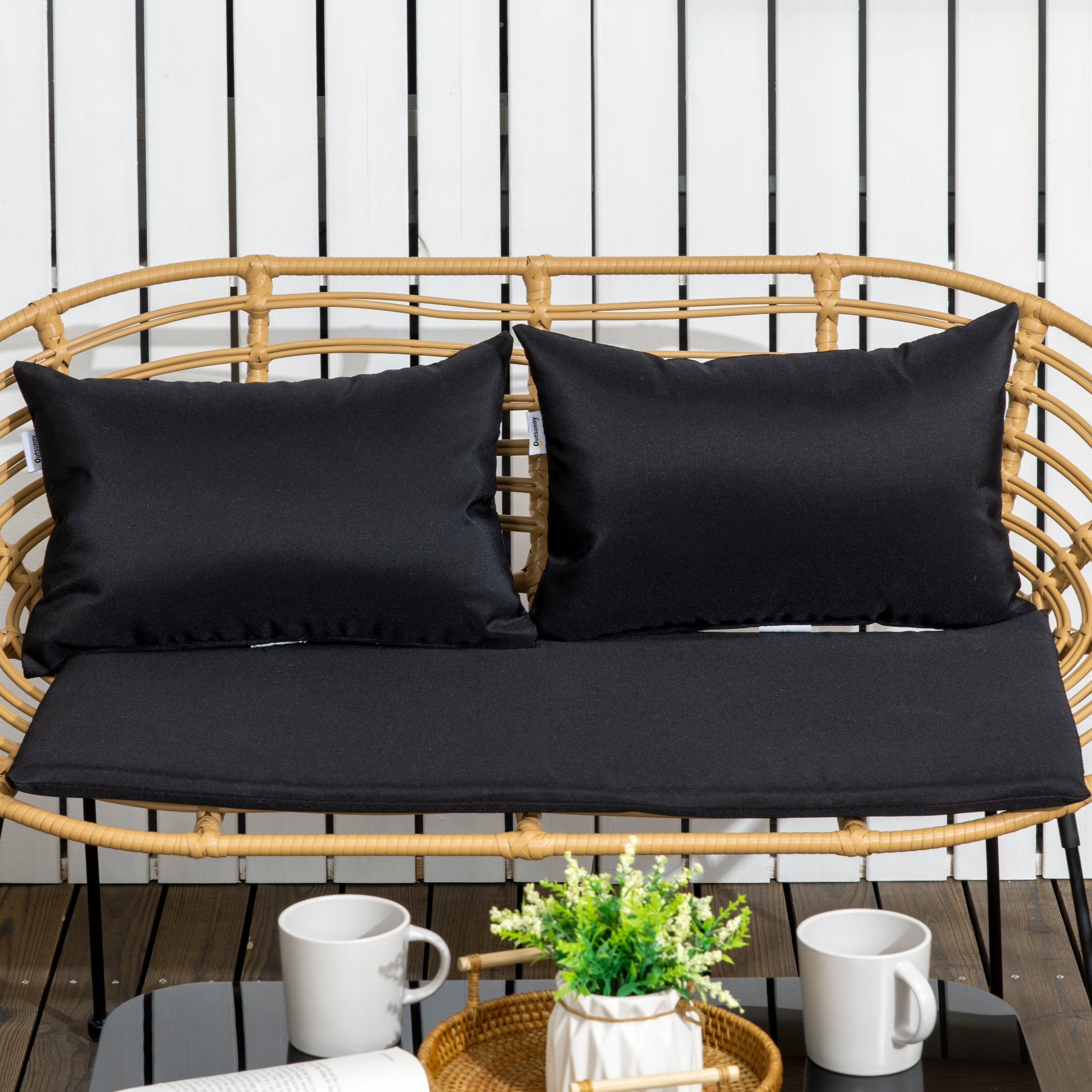 4-Piece Synthetic Rattan Outdoor Garden Set Includes 1 Double Sofa, 2 Armchairs, and Glass Table with Cushions Natural and Black