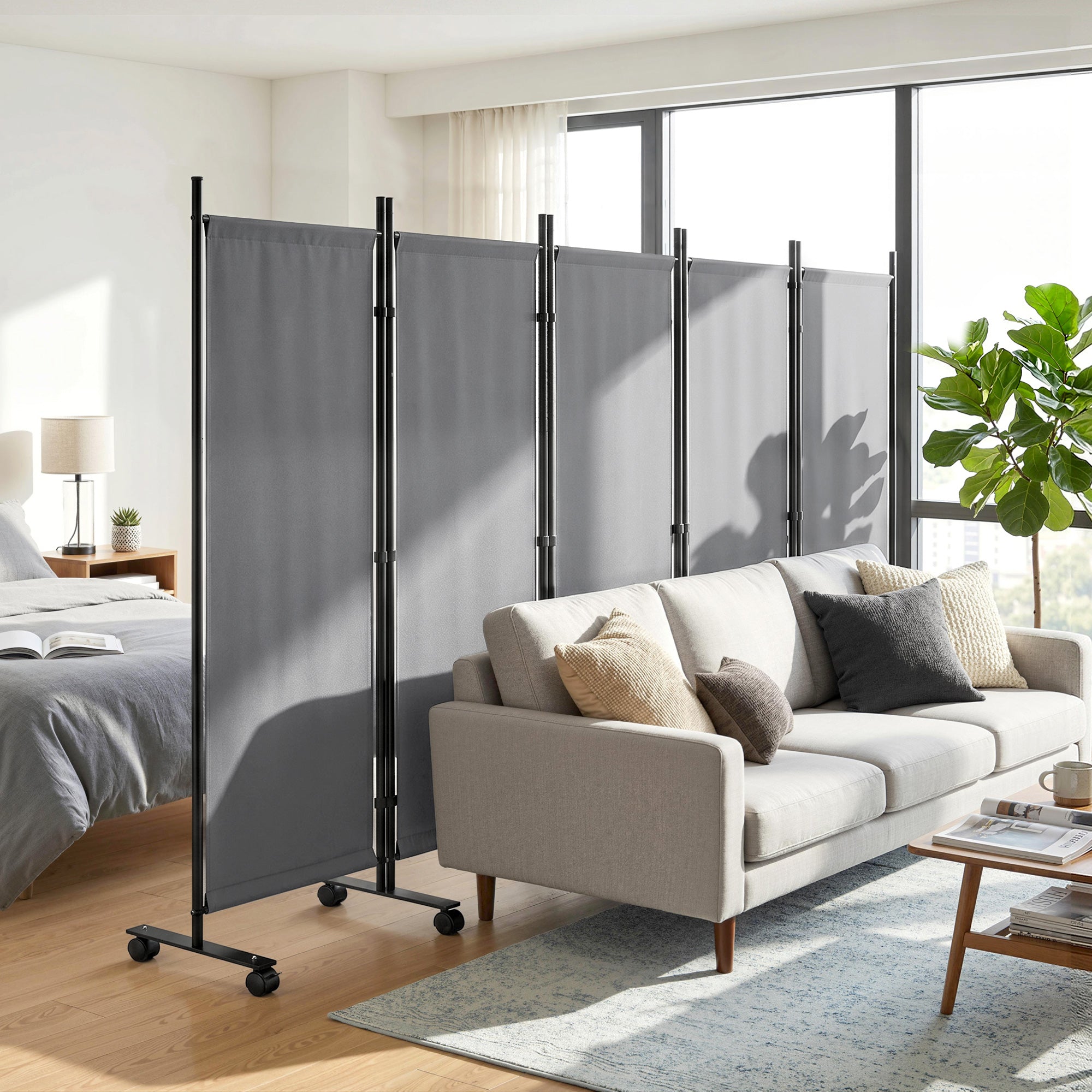 5-Panel Room Divider 99 x 16 x 67 in — Freestanding Folding Privacy Screen with 12 Wheels, Metal Frame, Water-Resistant Polyester, Dark Gray (Indoor/Covered Outdoor)
