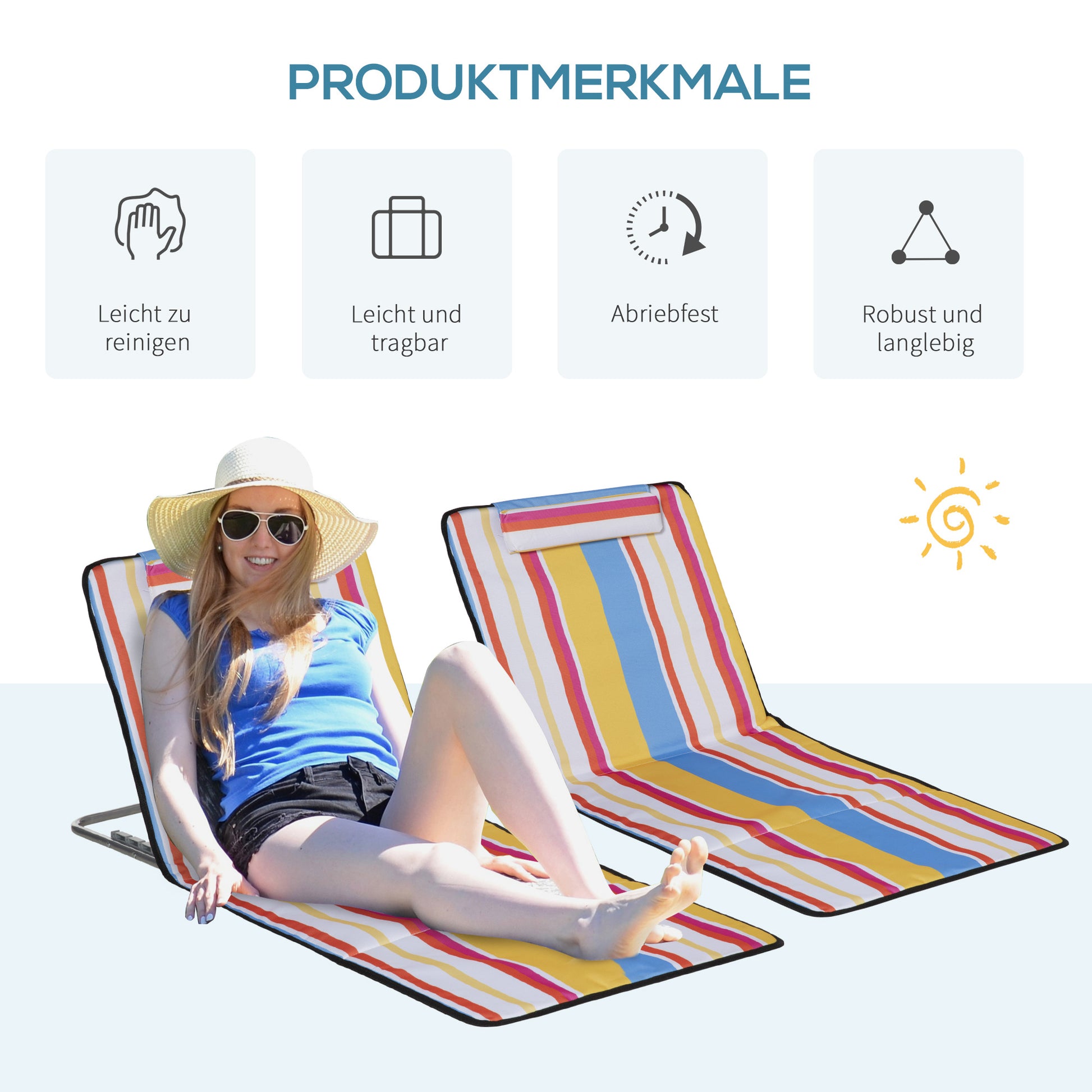 2-Piece Set Folding Sun Lounger Beach Chairs Beach Chair with Adjustable Backrest Head Pillow Carry Bag Lightweight Portable Beach Mat, Outdoor Sun Mat for Garden, Pool 124 x 53 cm