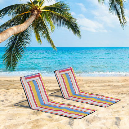 2-Piece Set Folding Sun Lounger Beach Chairs Beach Chair with Adjustable Backrest Head Pillow Carry Bag Lightweight Portable Beach Mat, Outdoor Sun Mat for Garden, Pool 124 x 53 cm