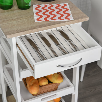 Kitchen Trolley Serving Trolley with Wheels 2 Removable Trays, Drawer, Light Oak Shelf Pine White