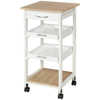 Kitchen Trolley Serving Trolley with Wheels 2 Removable Trays, Drawer, Light Oak Shelf Pine White