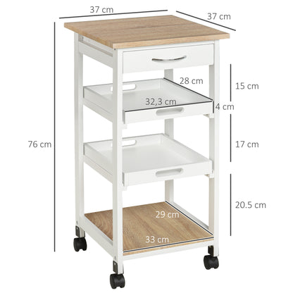Kitchen Trolley Serving Trolley with Wheels 2 Removable Trays, Drawer, Light Oak Shelf Pine White