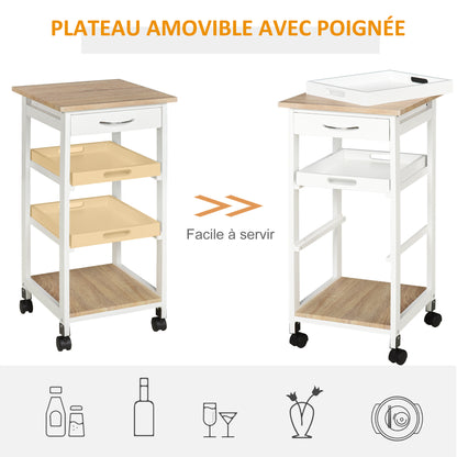 Kitchen Trolley Serving Trolley with Wheels 2 Removable Trays, Drawer, Light Oak Shelf Pine White