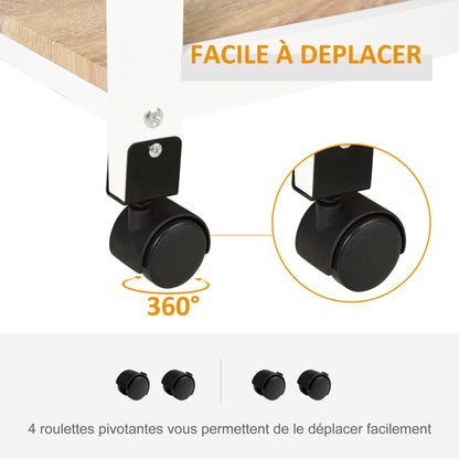 Kitchen Trolley Serving Trolley with Wheels 2 Removable Trays, Drawer, Light Oak Shelf Pine White