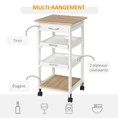 Kitchen Trolley Serving Trolley with Wheels 2 Removable Trays, Drawer, Light Oak Shelf Pine White