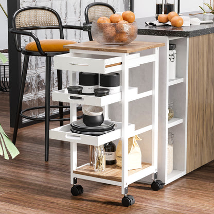 Kitchen Trolley Serving Trolley with Wheels 2 Removable Trays, Drawer, Light Oak Shelf Pine White