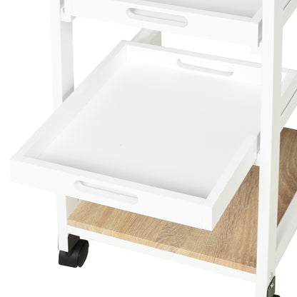 Kitchen Trolley Serving Trolley with Wheels 2 Removable Trays, Drawer, Light Oak Shelf Pine White
