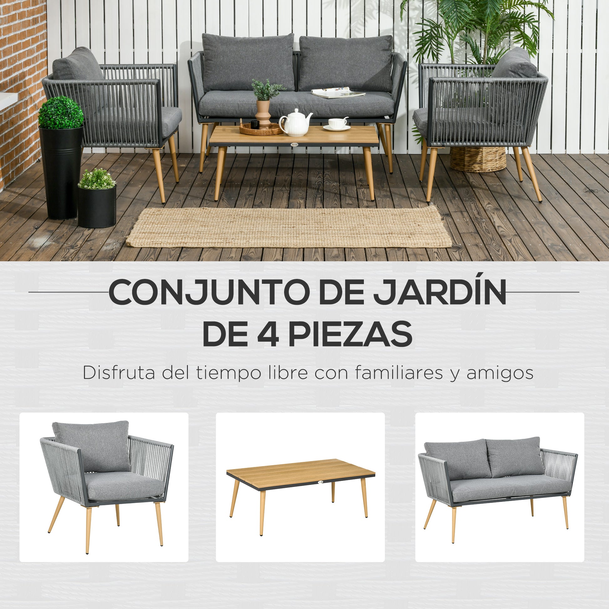 4-Piece Rattan Garden Furniture Set Conversation Set Includes 2-Seater Sofa 2 Armchairs and Center Table with Wood Plastic Board UV-Resistant Cushions for Terrace Patio Gray