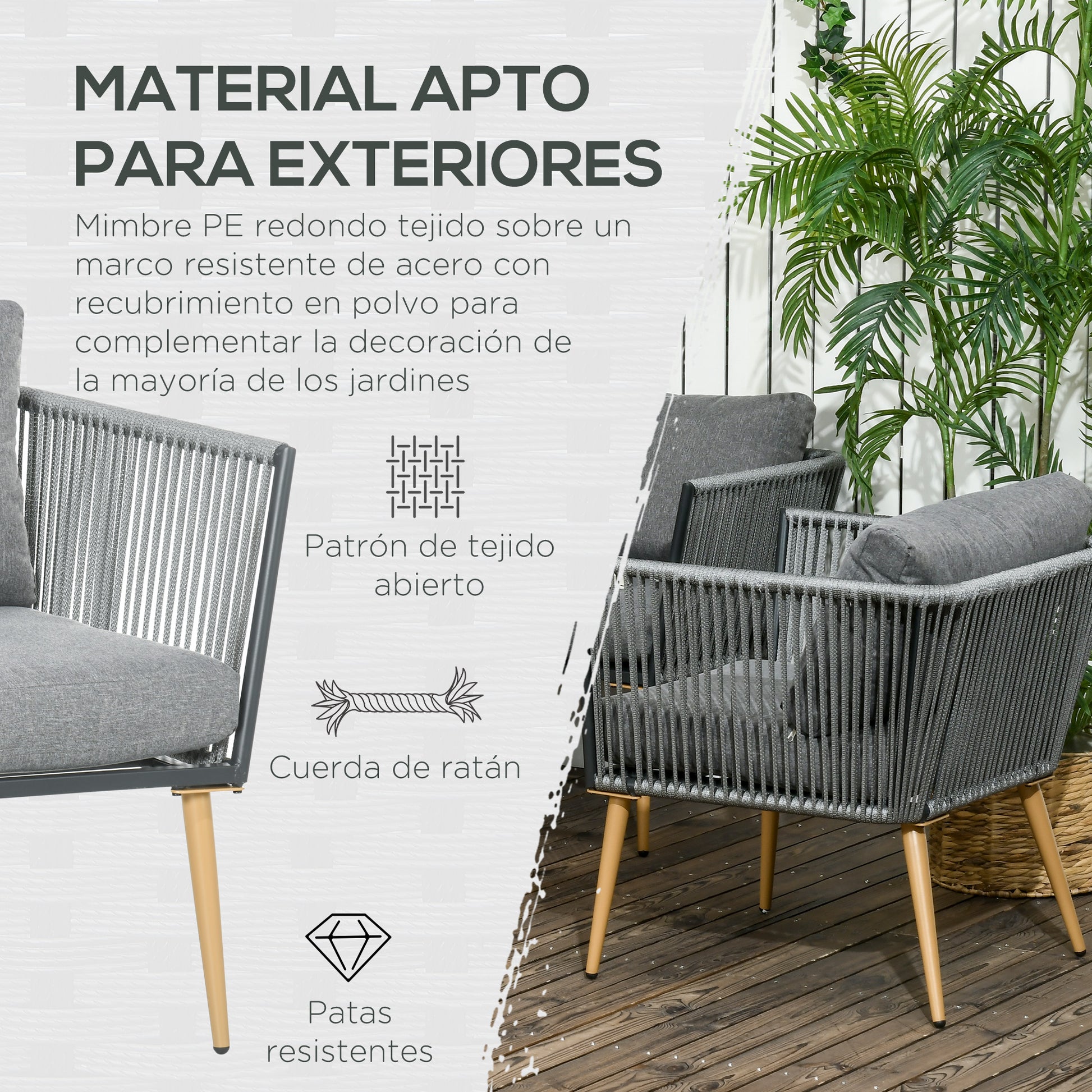 4-Piece Rattan Garden Furniture Set Conversation Set Includes 2-Seater Sofa 2 Armchairs and Center Table with Wood Plastic Board UV-Resistant Cushions for Terrace Patio Gray