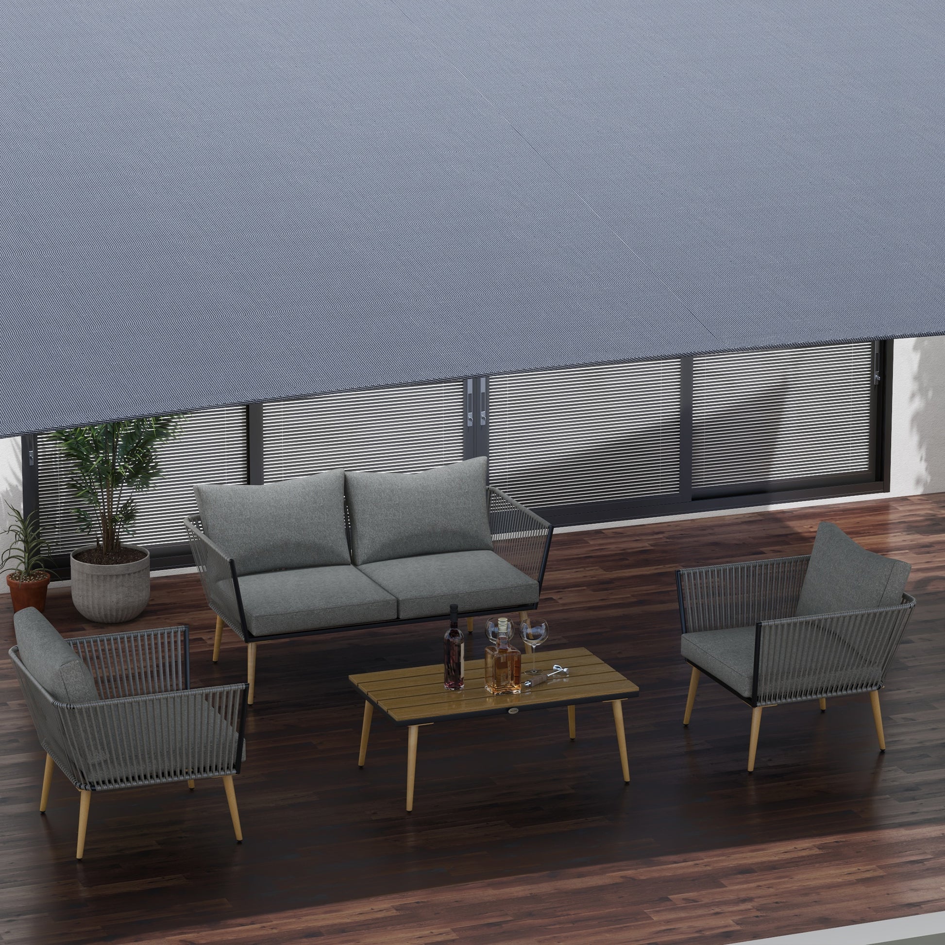 4-Piece Rattan Garden Furniture Set Conversation Set Includes 2-Seater Sofa 2 Armchairs and Center Table with Wood Plastic Board UV-Resistant Cushions for Terrace Patio Gray