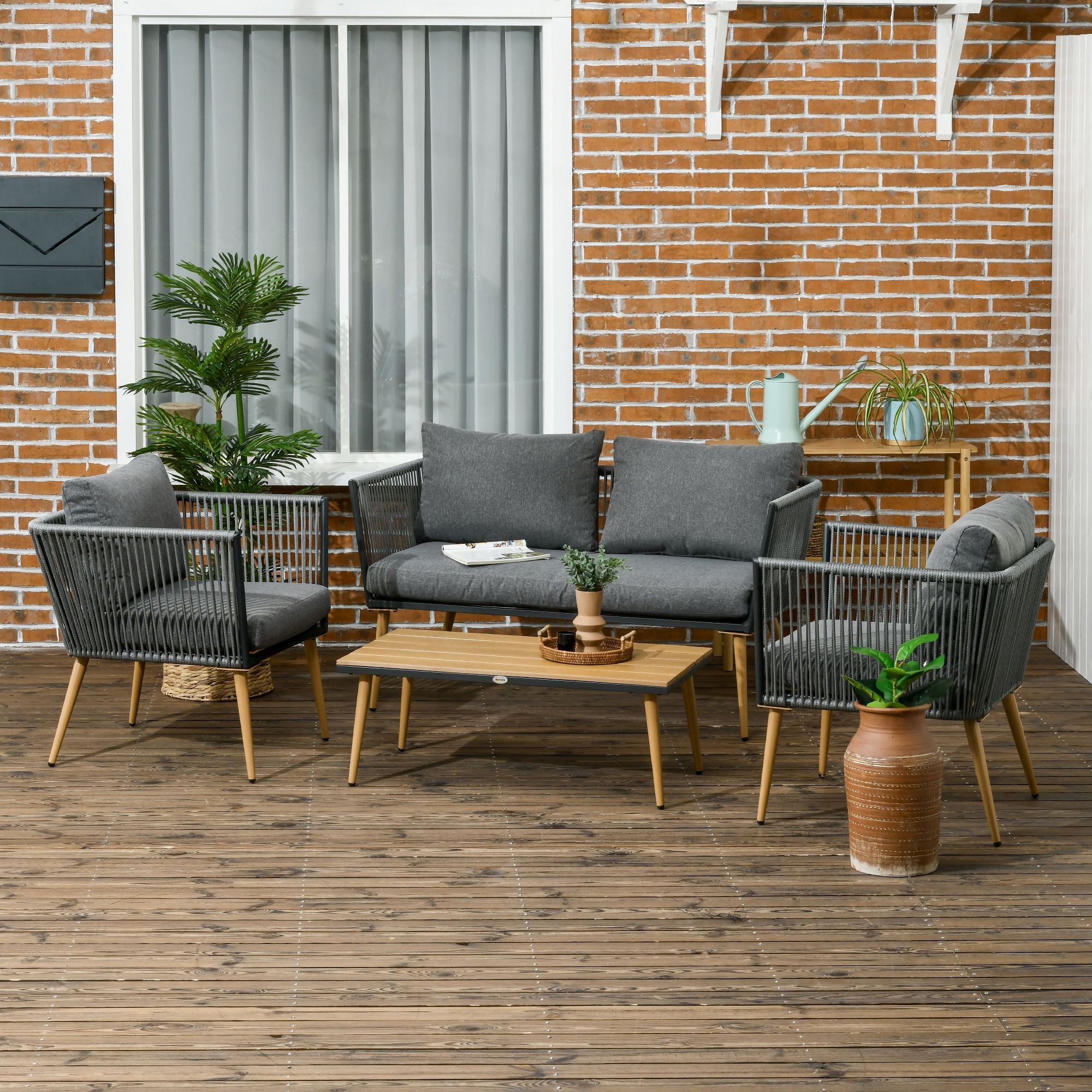 4-Piece Rattan Garden Furniture Set Conversation Set Includes 2-Seater Sofa 2 Armchairs and Center Table with Wood Plastic Board UV-Resistant Cushions for Terrace Patio Gray