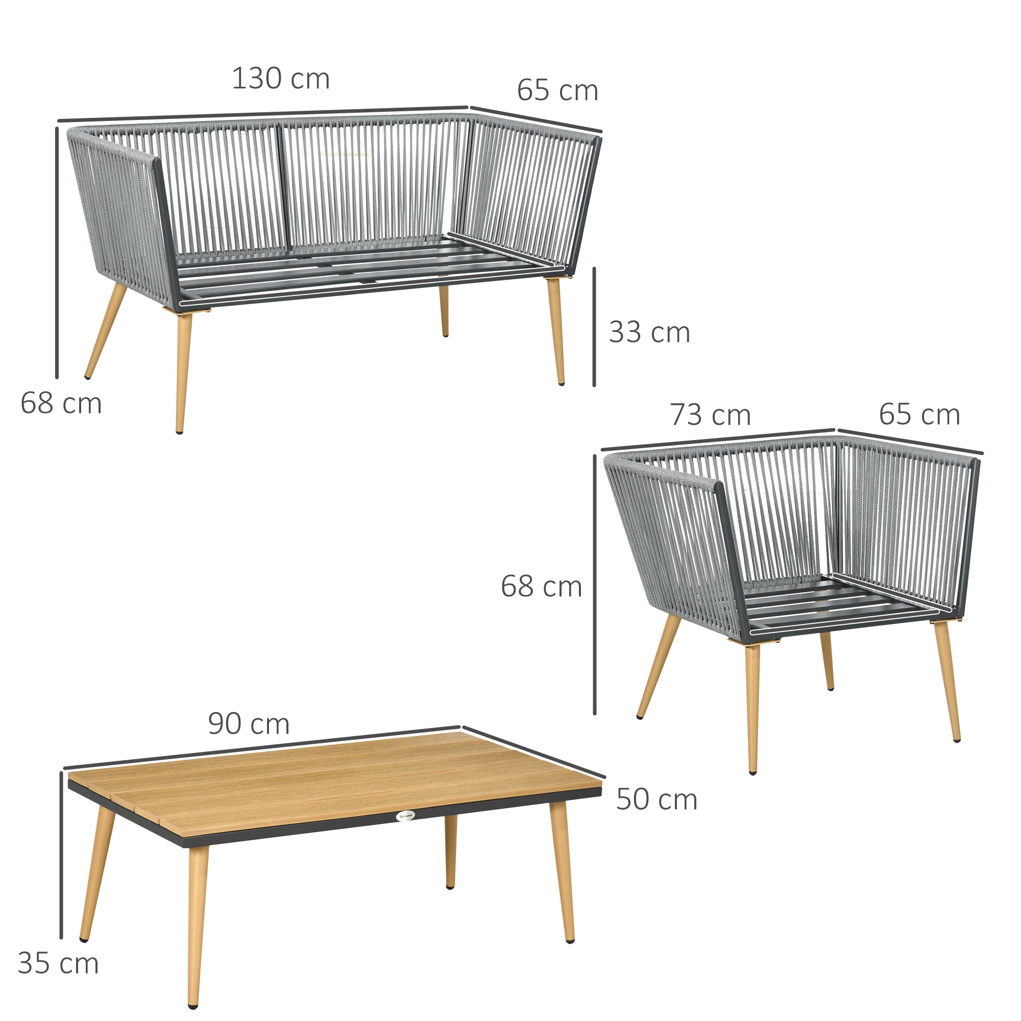 4-Piece Rattan Garden Furniture Set Conversation Set Includes 2-Seater Sofa 2 Armchairs and Center Table with Wood Plastic Board UV-Resistant Cushions for Terrace Patio Gray