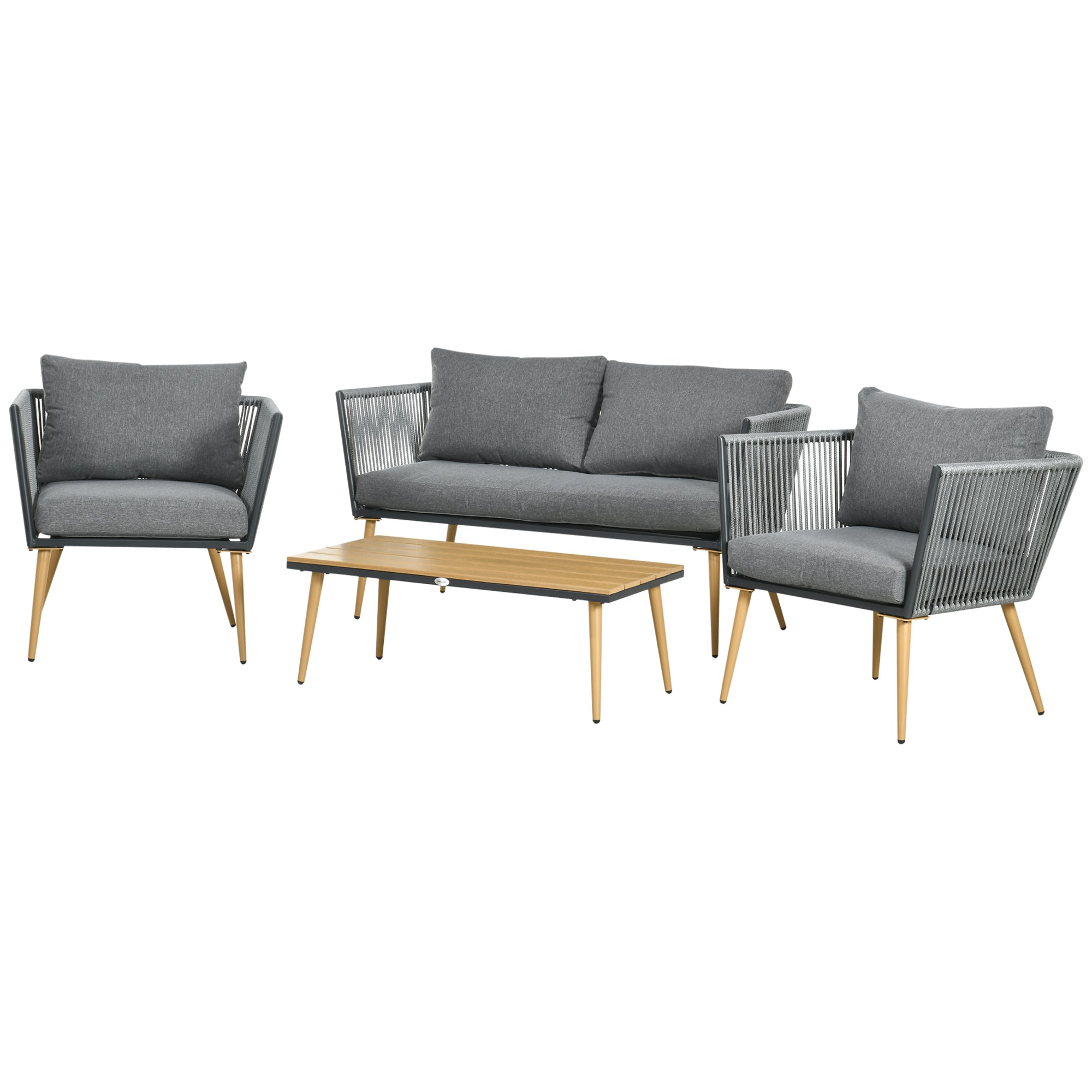 4-Piece Rattan Garden Furniture Set Conversation Set Includes 2-Seater Sofa 2 Armchairs and Center Table with Wood Plastic Board UV-Resistant Cushions for Terrace Patio Gray