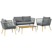 4-Piece Rattan Garden Furniture Set Conversation Set Includes 2-Seater Sofa 2 Armchairs and Center Table with Wood Plastic Board UV-Resistant Cushions for Terrace Patio Gray