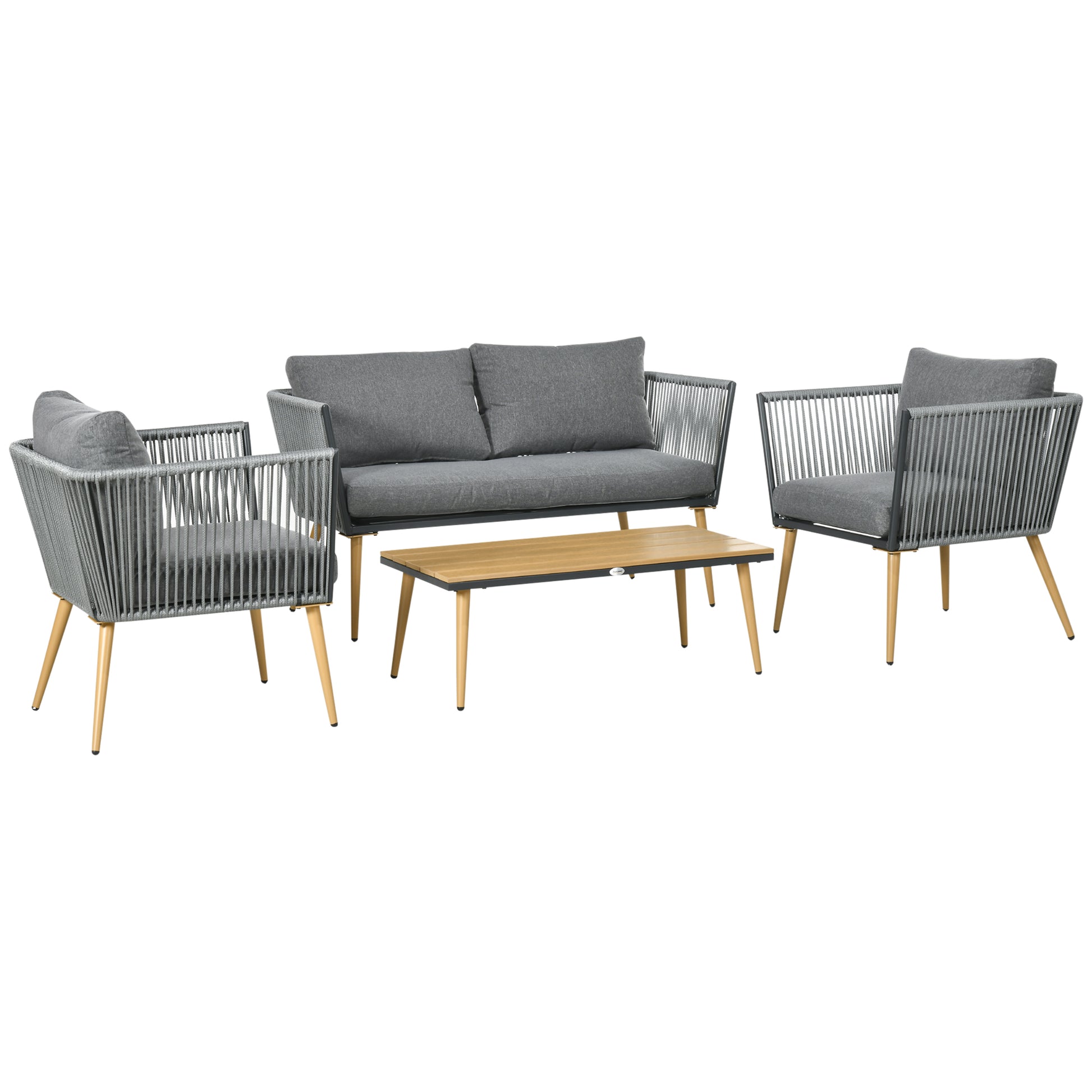 4-Piece Rattan Garden Furniture Set Conversation Set Includes 2-Seater Sofa 2 Armchairs and Center Table with Wood Plastic Board UV-Resistant Cushions for Terrace Patio Gray