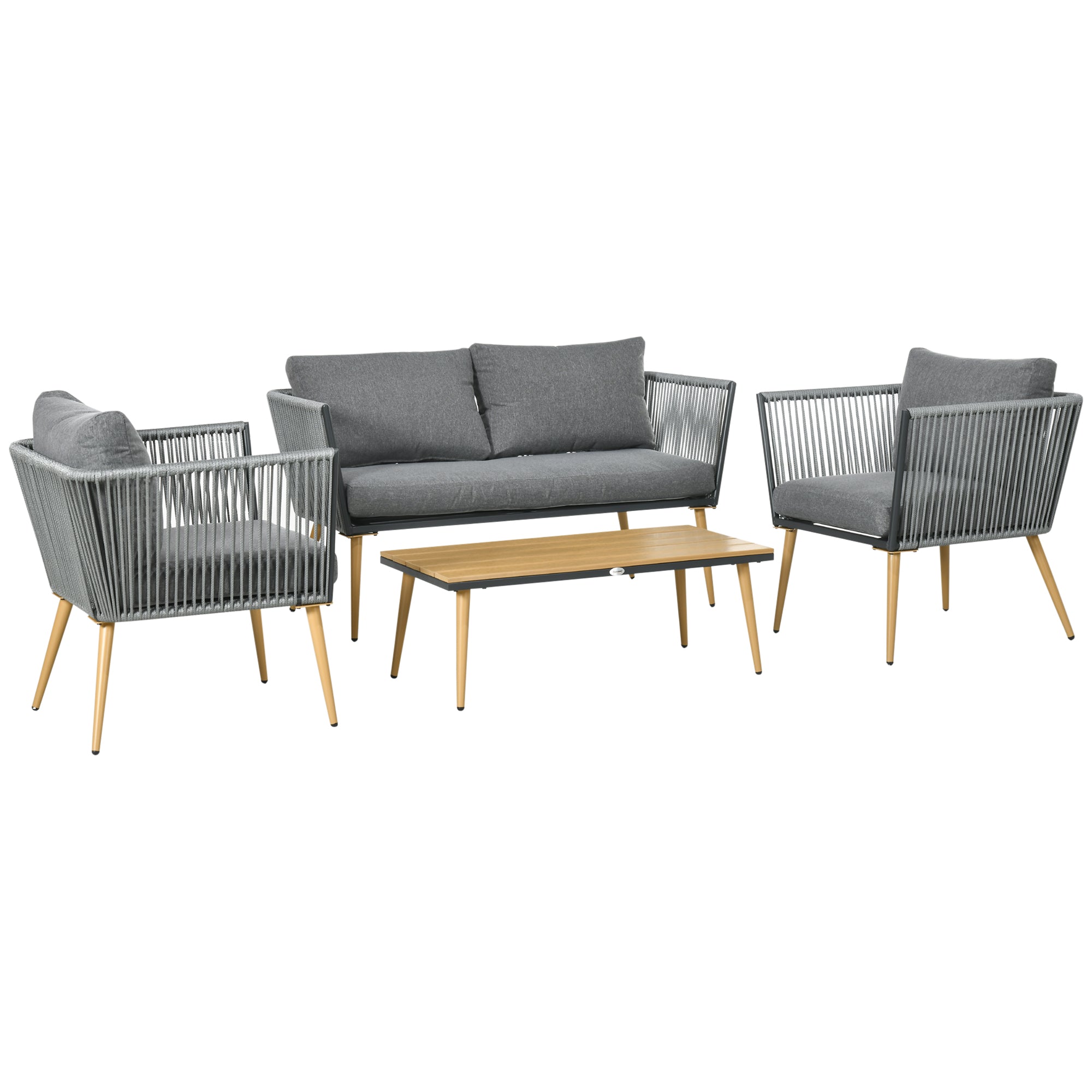 4-Piece Rattan Garden Furniture Set Conversation Set Includes 2-Seater Sofa 2 Armchairs and Center Table with Wood Plastic Board UV-Resistant Cushions for Terrace Patio Gray