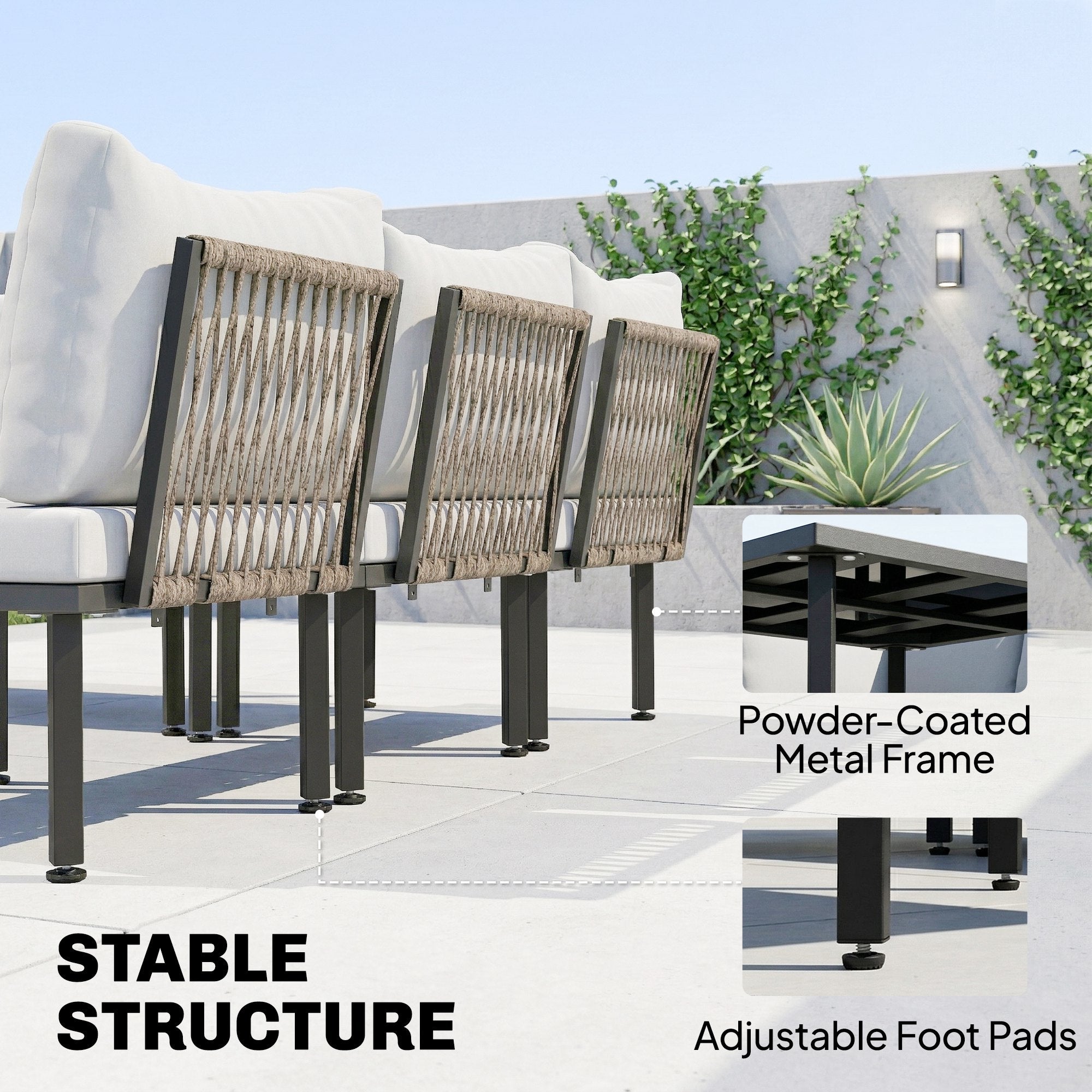 6-Piece Outdoor Lounge Set for 5–6 People — 2-Seat Sofa, Corner Chair, 2 Armless Chairs, Ottoman & Slatted Metal Coffee Table — Thick Cushions, Light Gray