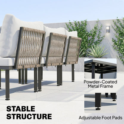 6-Piece Outdoor Lounge Set for 5–6 People — 2-Seat Sofa, Corner Chair, 2 Armless Chairs, Ottoman & Slatted Metal Coffee Table — Thick Cushions, Light Gray