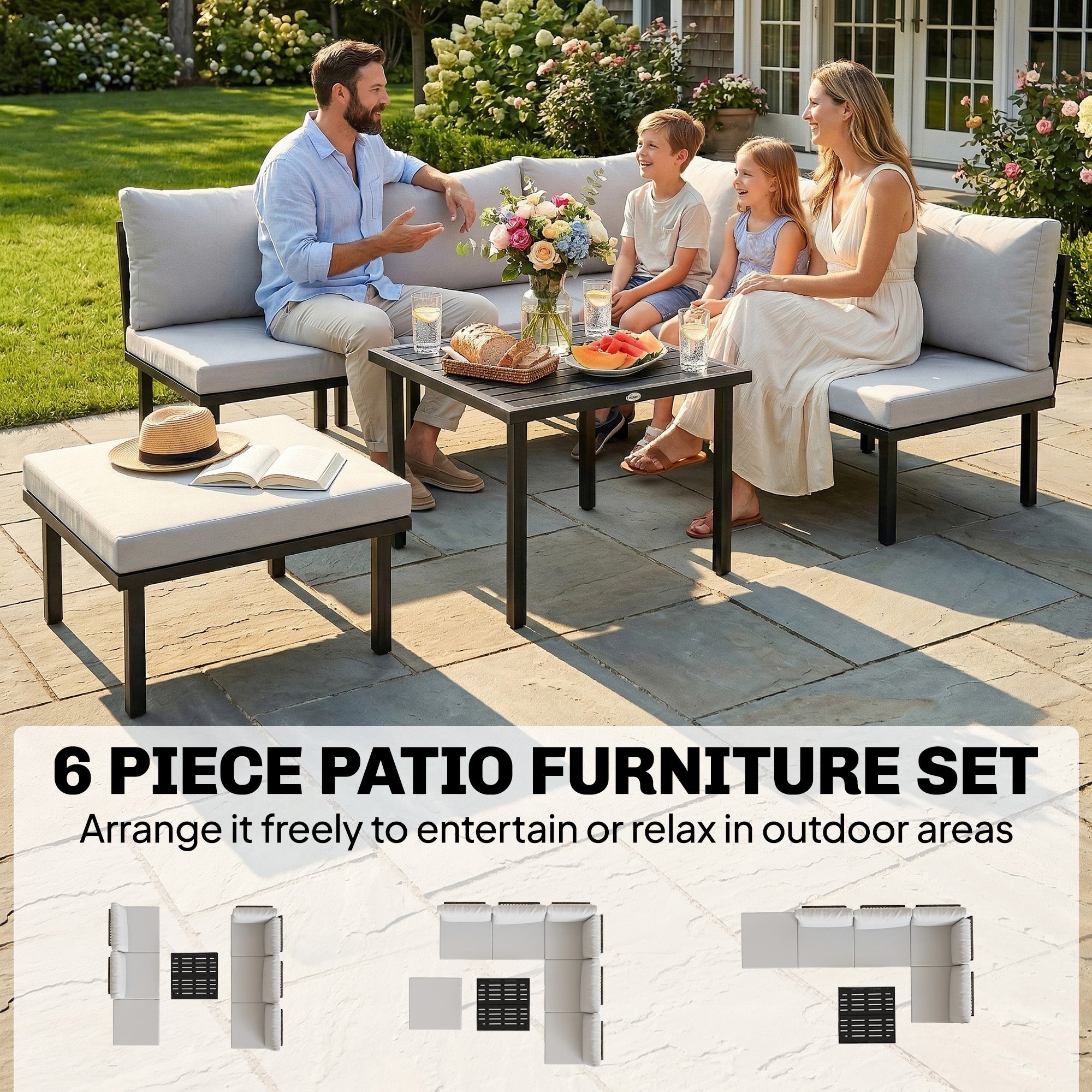 6-Piece Outdoor Lounge Set for 5–6 People — 2-Seat Sofa, Corner Chair, 2 Armless Chairs, Ottoman & Slatted Metal Coffee Table — Thick Cushions, Light Gray