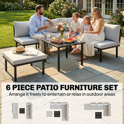 6-Piece Outdoor Lounge Set for 5–6 People — 2-Seat Sofa, Corner Chair, 2 Armless Chairs, Ottoman & Slatted Metal Coffee Table — Thick Cushions, Light Gray